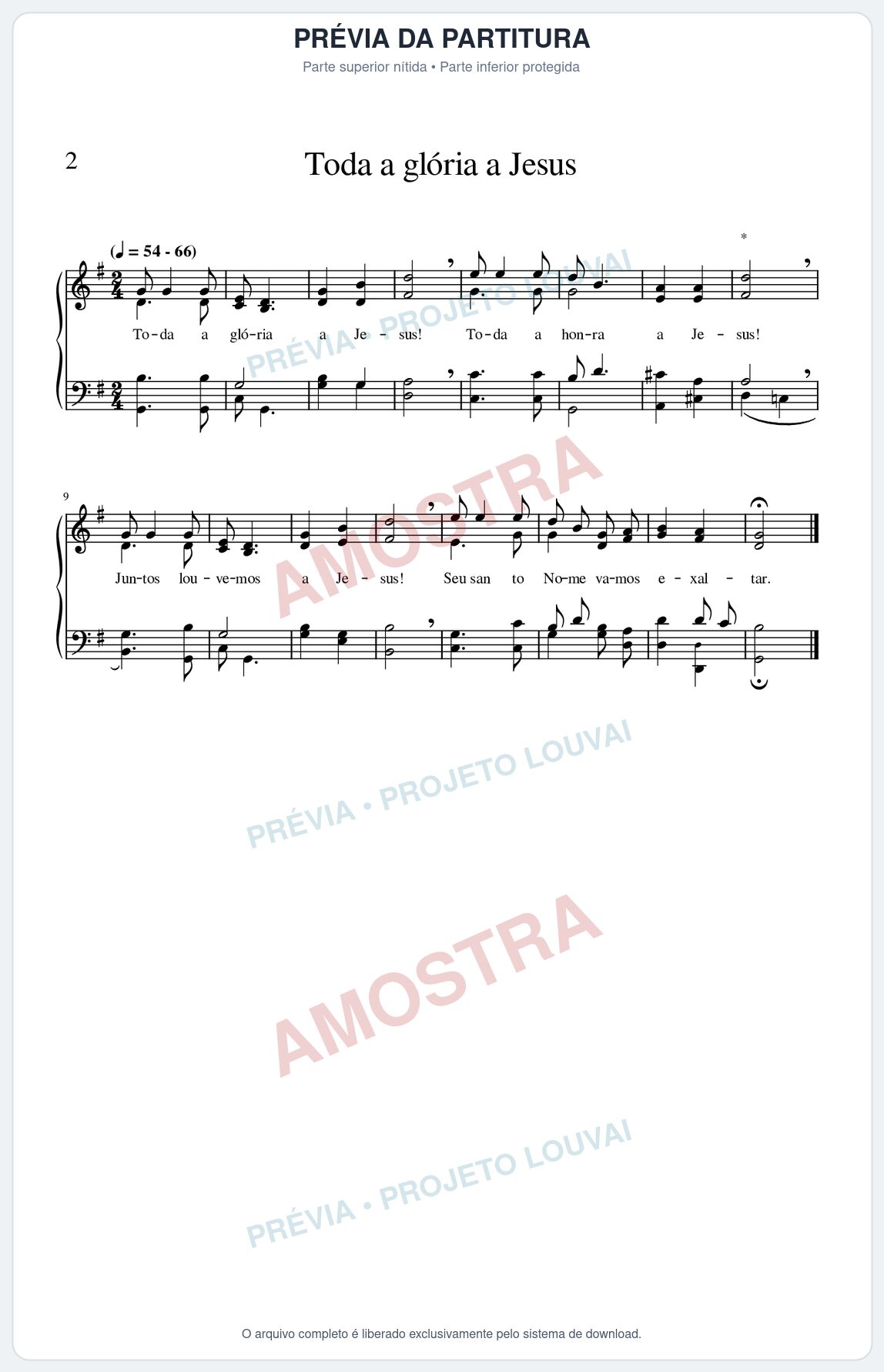 Prévia protegida da primeira página da partitura Partitura para Piano da música Toda a Glória a Jesus - Hinário CCB