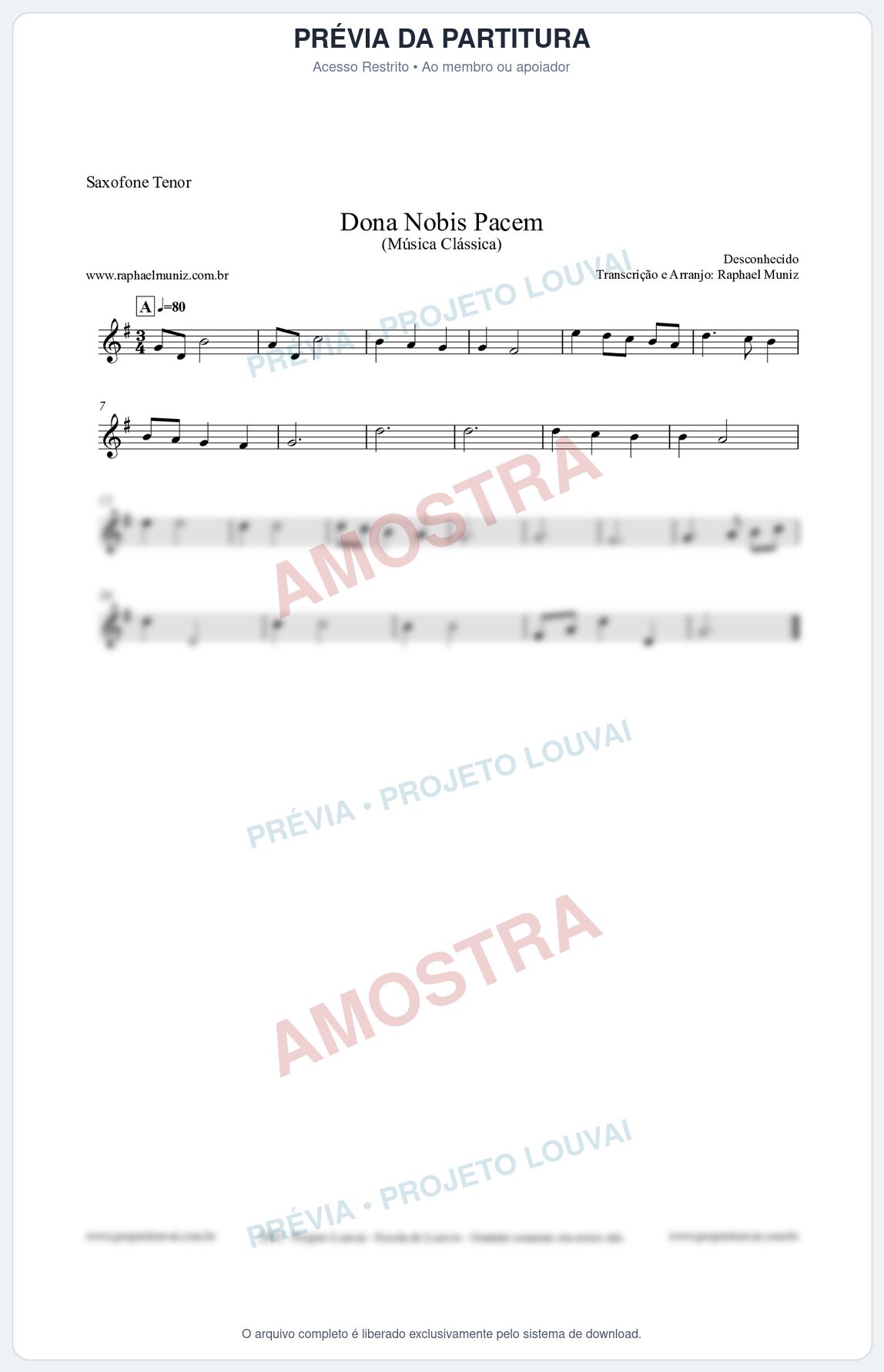 Prévia protegida da primeira página da partitura Partitura para Saxofone Tenor - Dona Nobis Pacem - Música Clássica