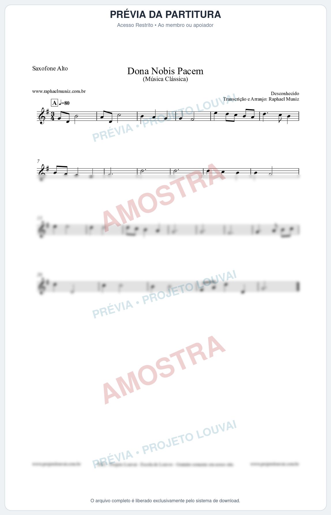 Prévia protegida da primeira página da partitura Partitura para Saxofone Alto - Dona Nobis Pacem - Música Clássica