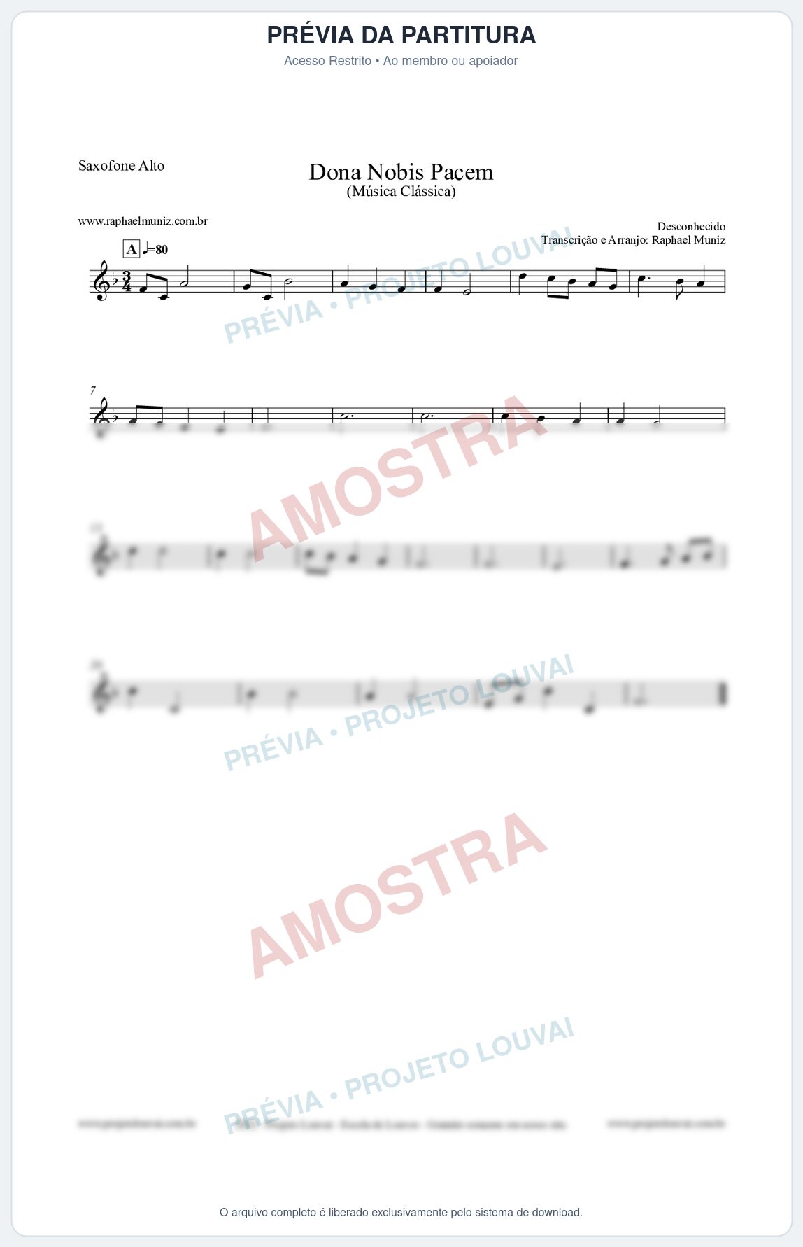 Prévia protegida da primeira página da partitura Partitura para Saxofone Alto - Dona Nobis Pacem - Música Clássica
