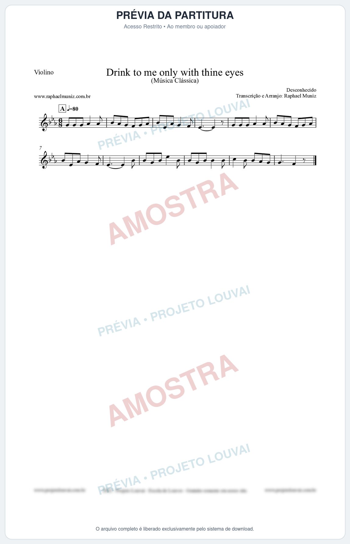 Prévia protegida da primeira página da partitura Partitura para Violino - Drink to me only with thine eyes - Música Clássica