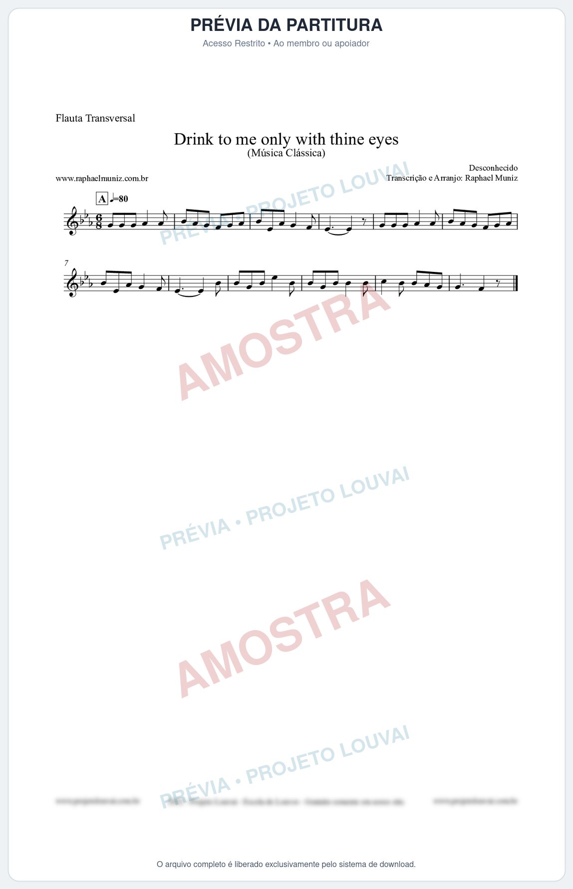 Prévia protegida da primeira página da partitura Partitura para Flauta Transversal - Drink to me only with thine eyes - Música Clássica