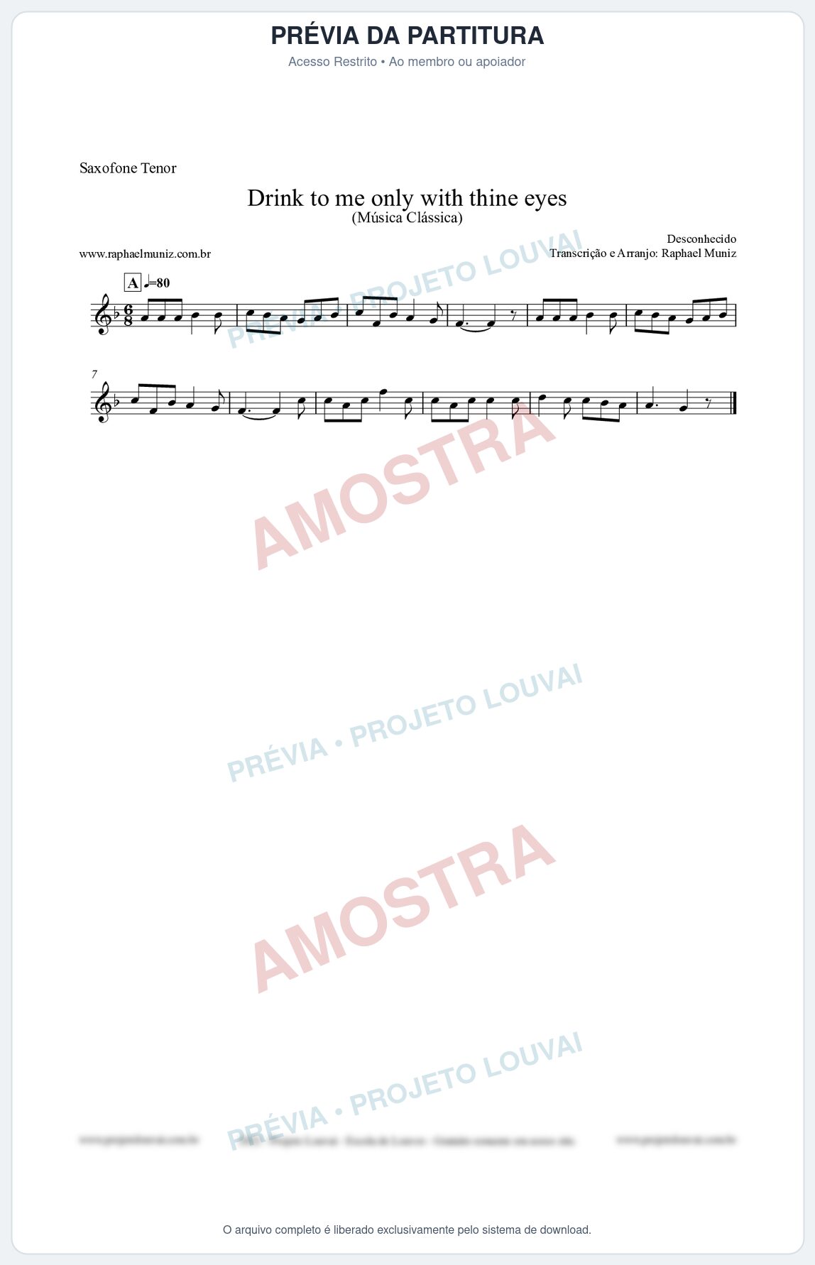 Prévia protegida da primeira página da partitura Partitura para Saxofone Tenor - Drink to me only with thine eyes - Música Clássica