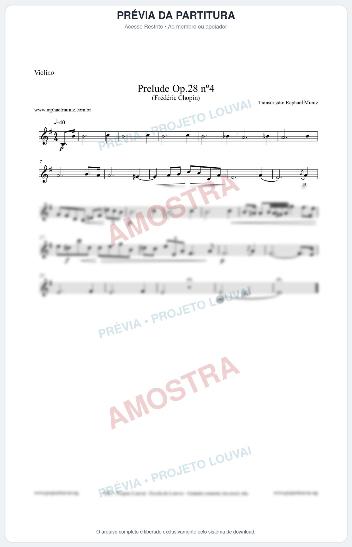 Prévia protegida da primeira página da partitura Partitura para Violino - Prelude Op.28 No.4 - Frédéric Chopin