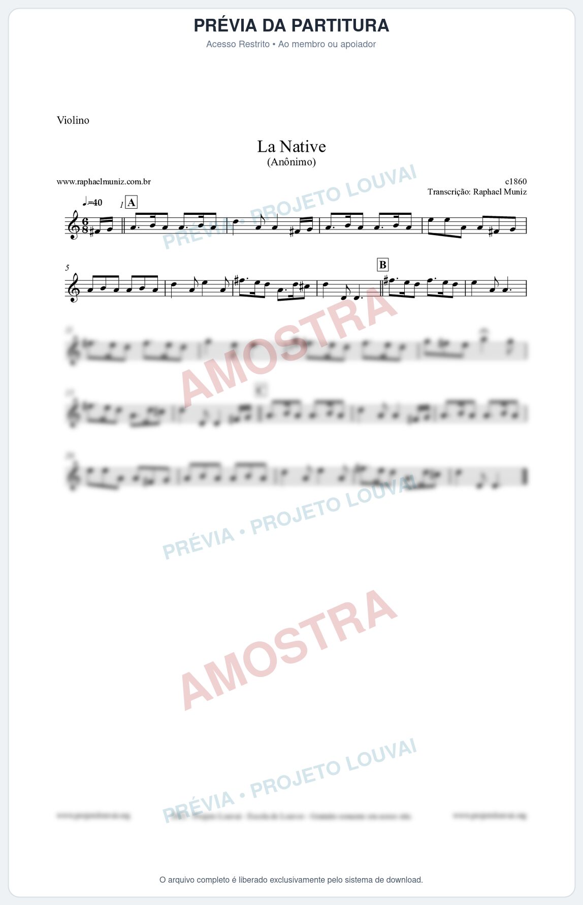 Prévia protegida da primeira página da partitura Partitura para Violino - La Native - Anônimo