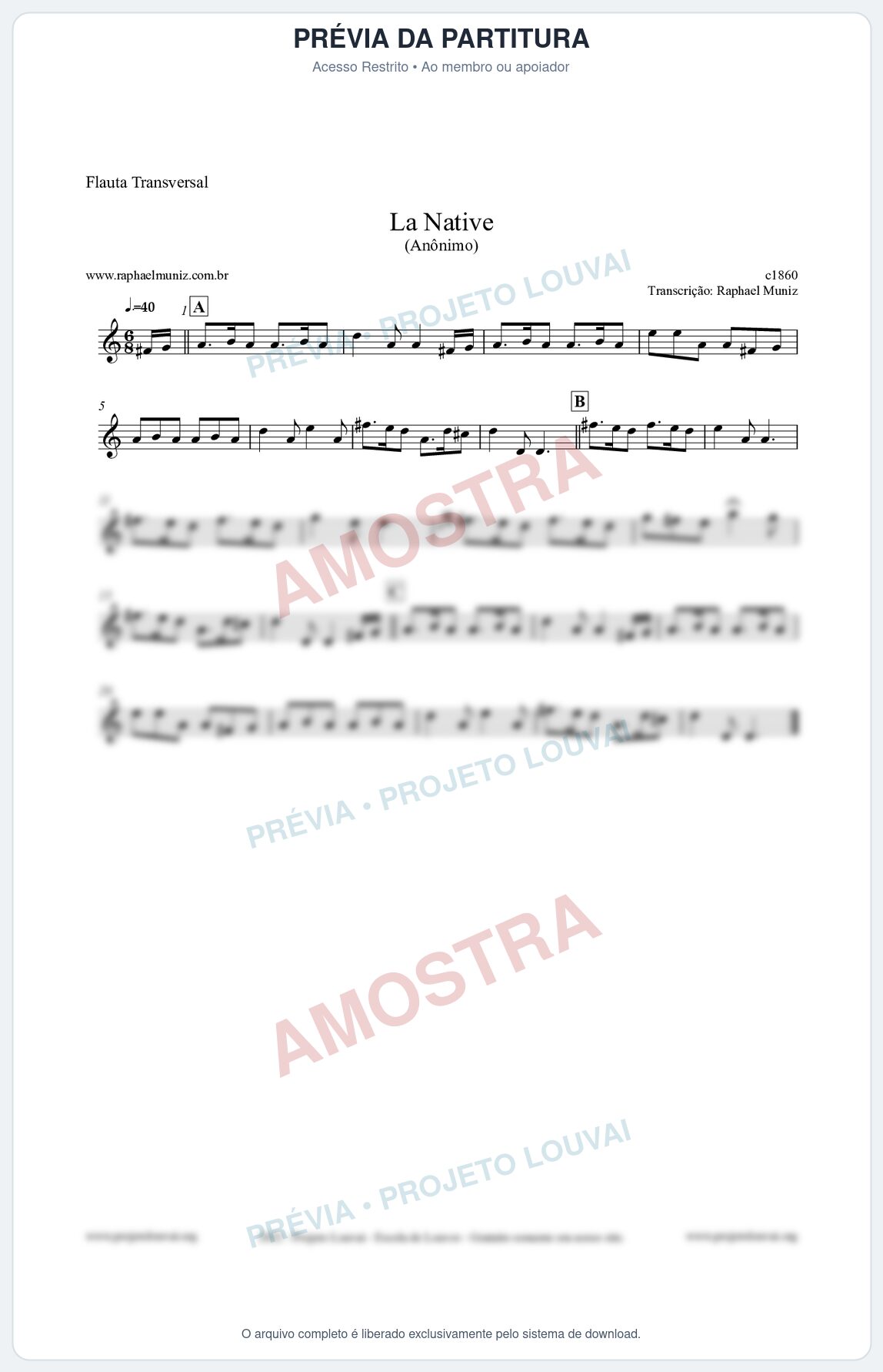 Prévia protegida da primeira página da partitura Partitura para Flauta Transversal - La Native - Anônimo