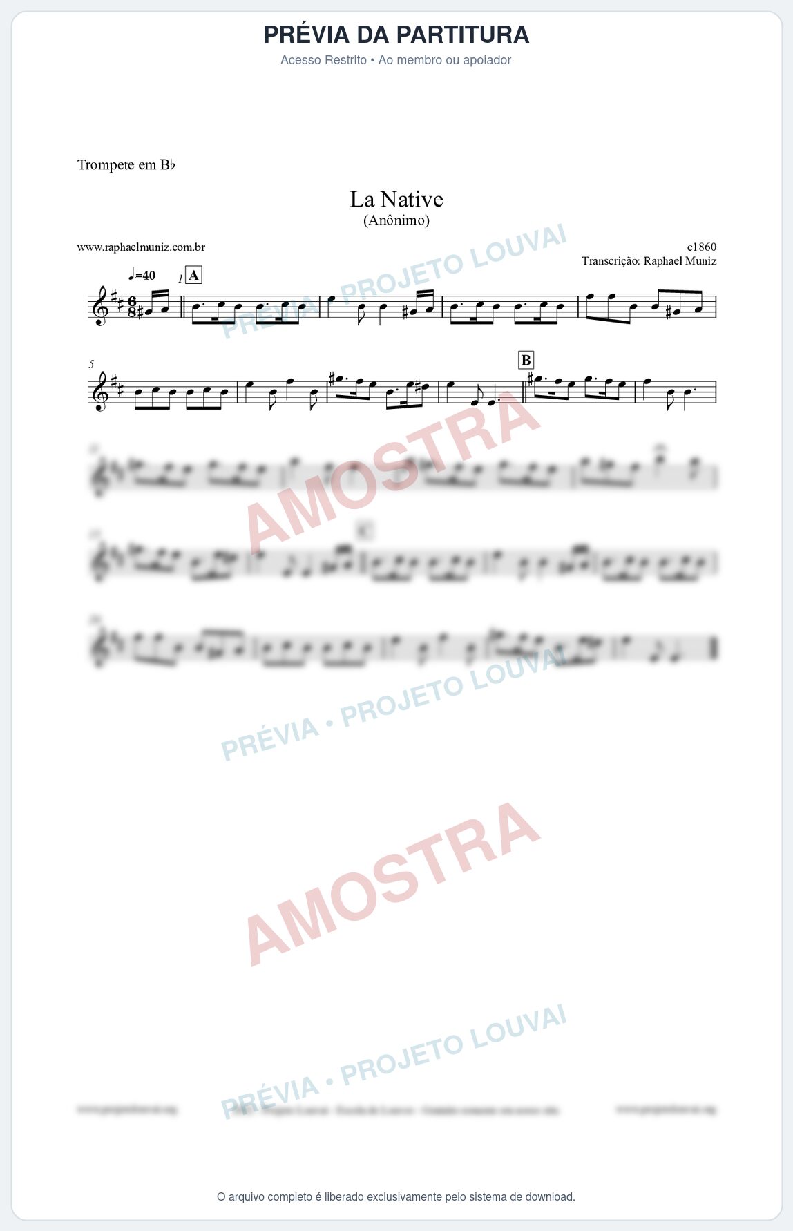 Prévia protegida da primeira página da partitura Partitura para Trompete em Bb - La Native - Anônimo