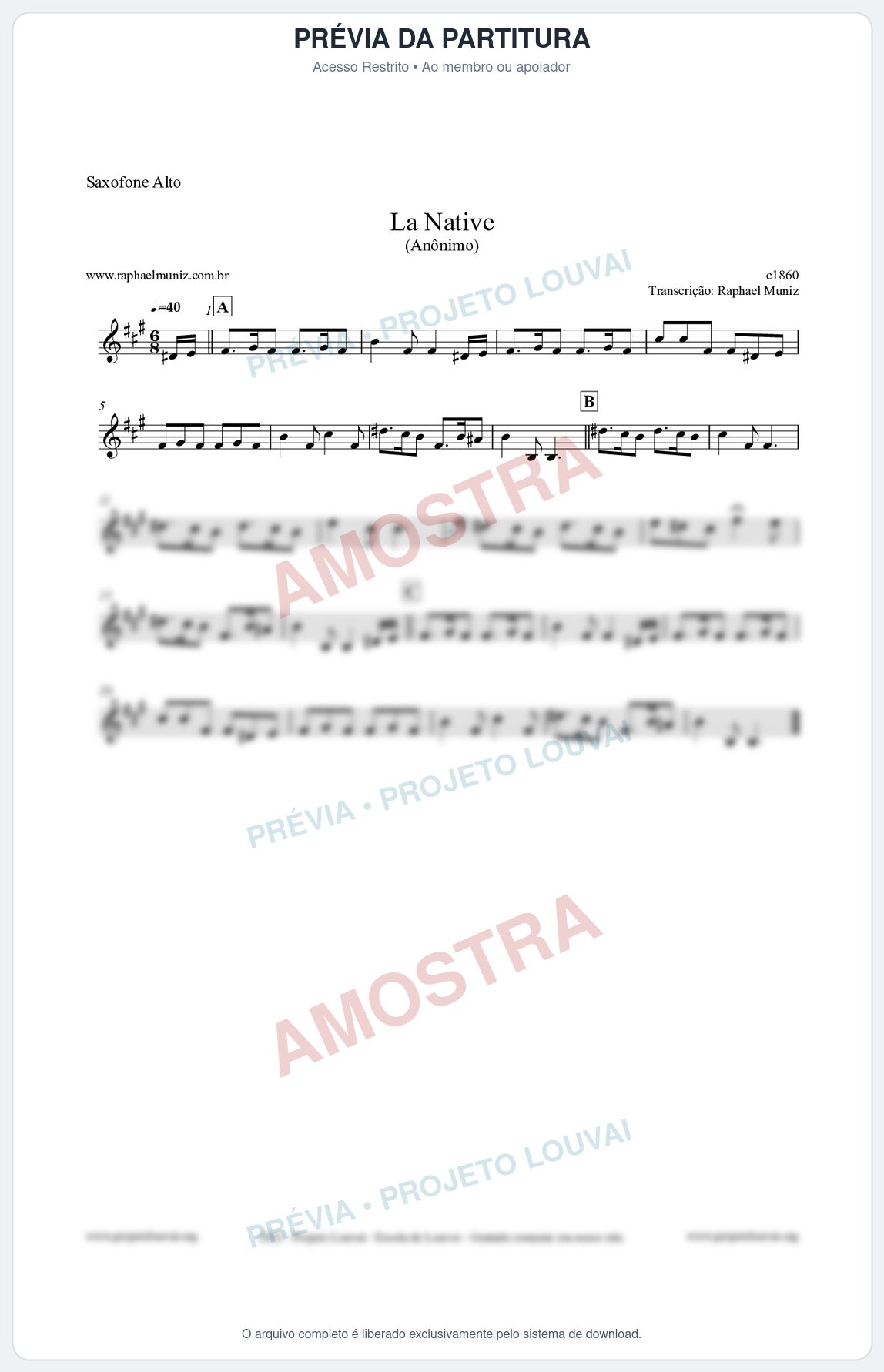 Prévia protegida da primeira página da partitura Partitura para Saxofone Alto - La Native - Anônimo