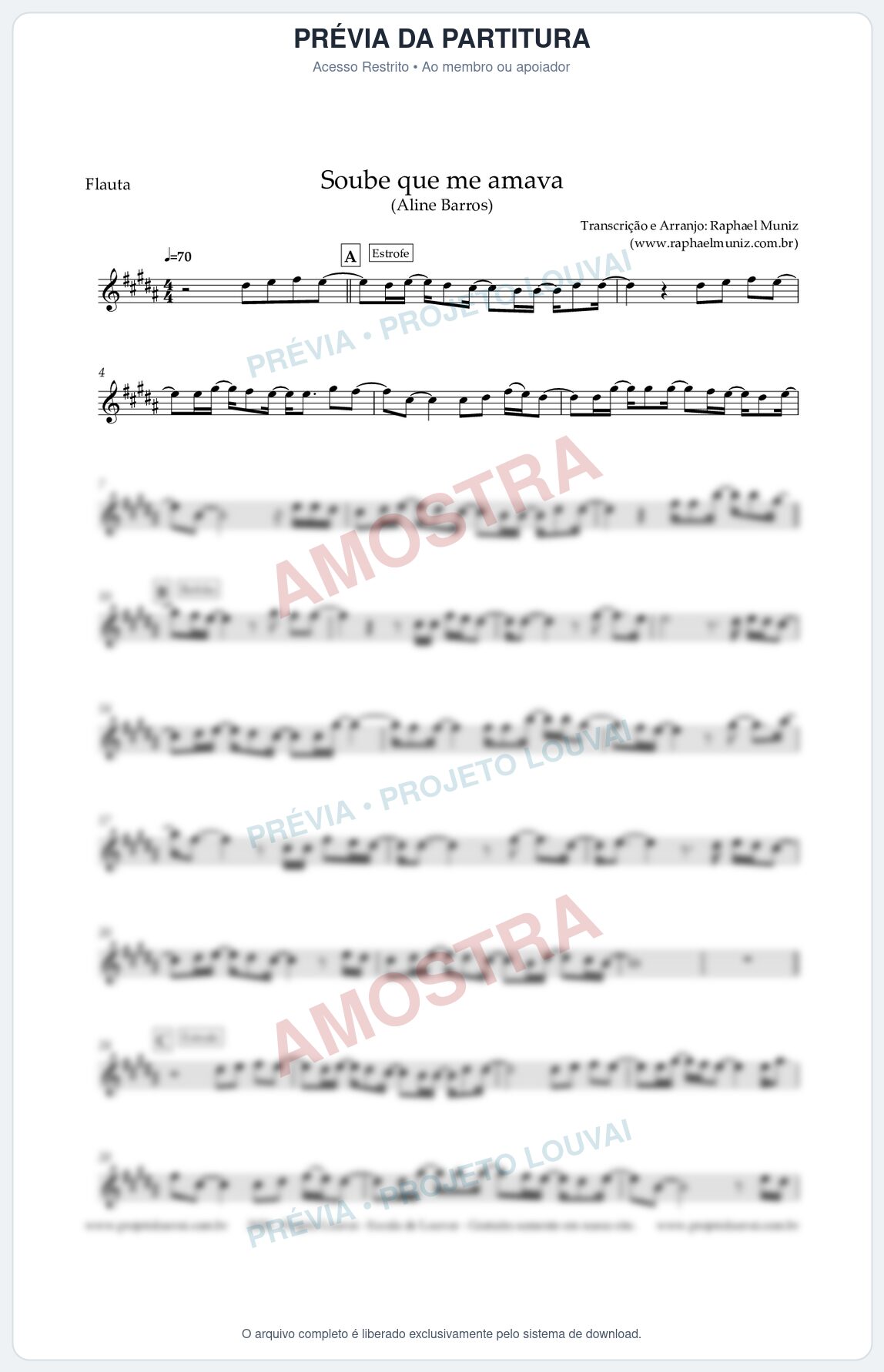 Prévia protegida da primeira página da partitura Partitura para Flauta Transversal - Soube que me amava - Aline Barros