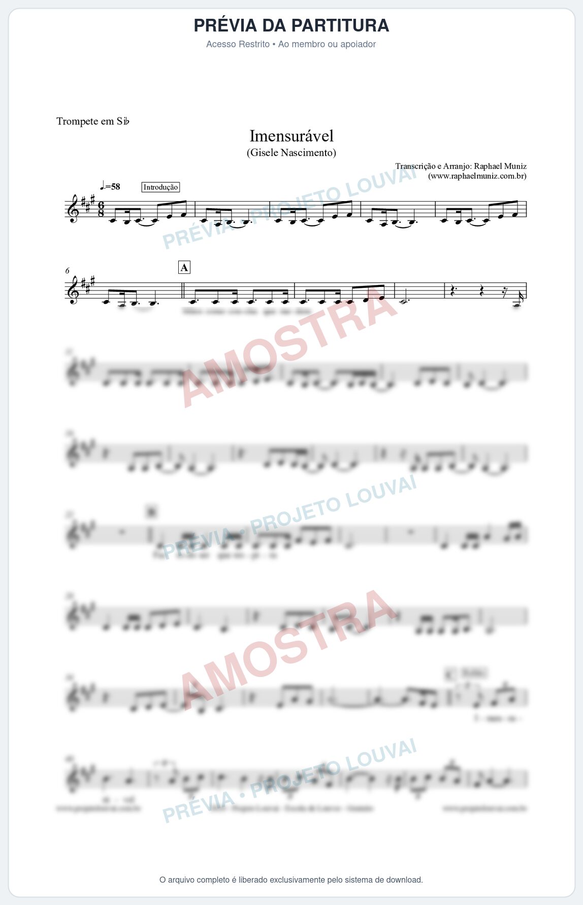 Prévia protegida da primeira página da partitura Partitura para Trompete em Bb - Imensurável - Gisele Nascimento
