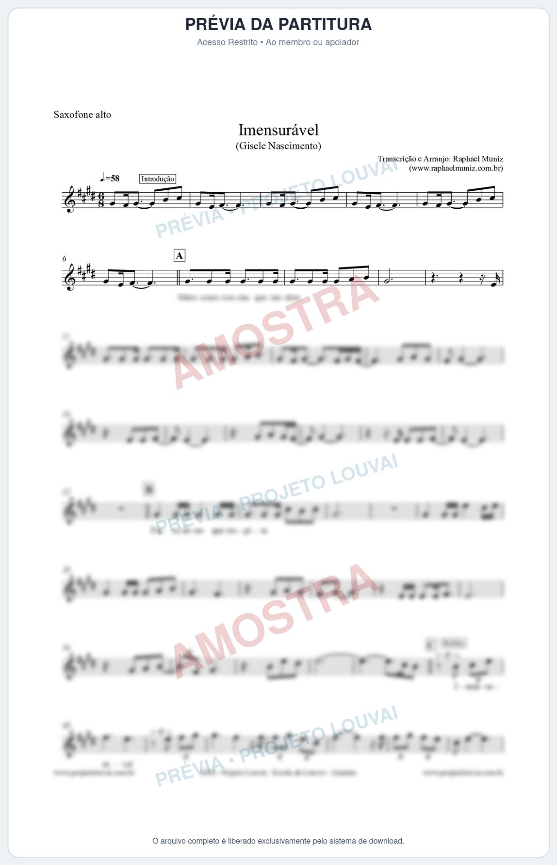 Prévia protegida da primeira página da partitura Partitura para Saxofone Alto - Imensurável - Gisele Nascimento