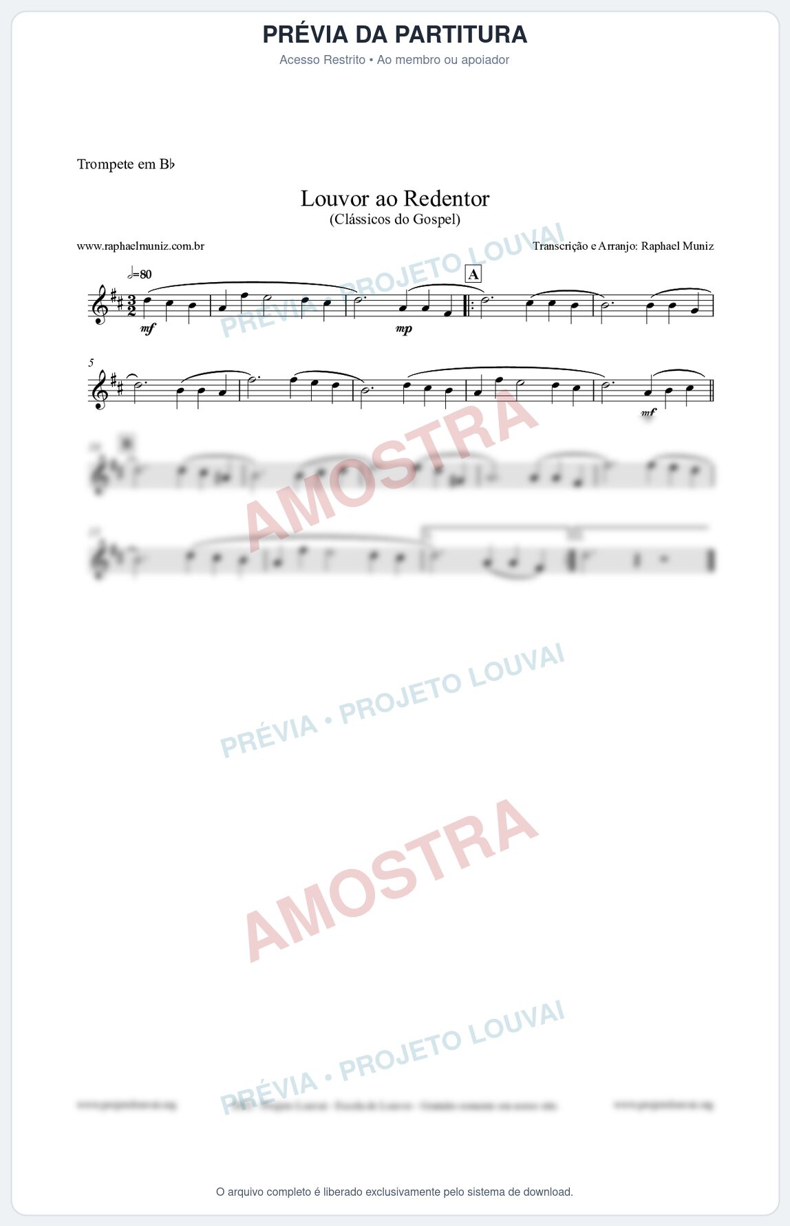 Prévia protegida da primeira página da partitura Partitura para Trompete em Bb - Louvor ao Redentor - Harpa Cristã nº54 - Clássicos do Gospel