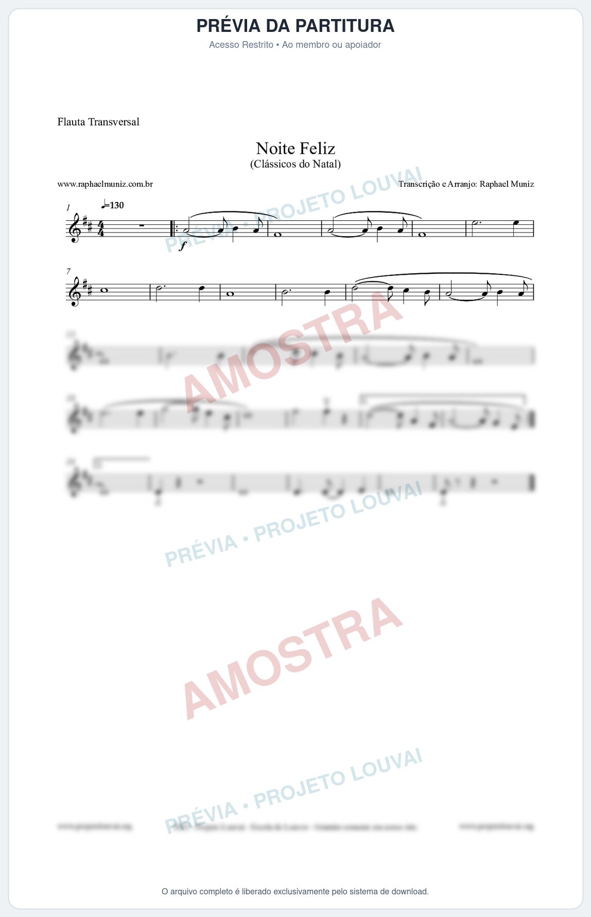 Prévia protegida da primeira página da partitura Partitura para Flauta Transversal - Noite Feliz (Silent Night) - Versão 2 - Músicas de Natal