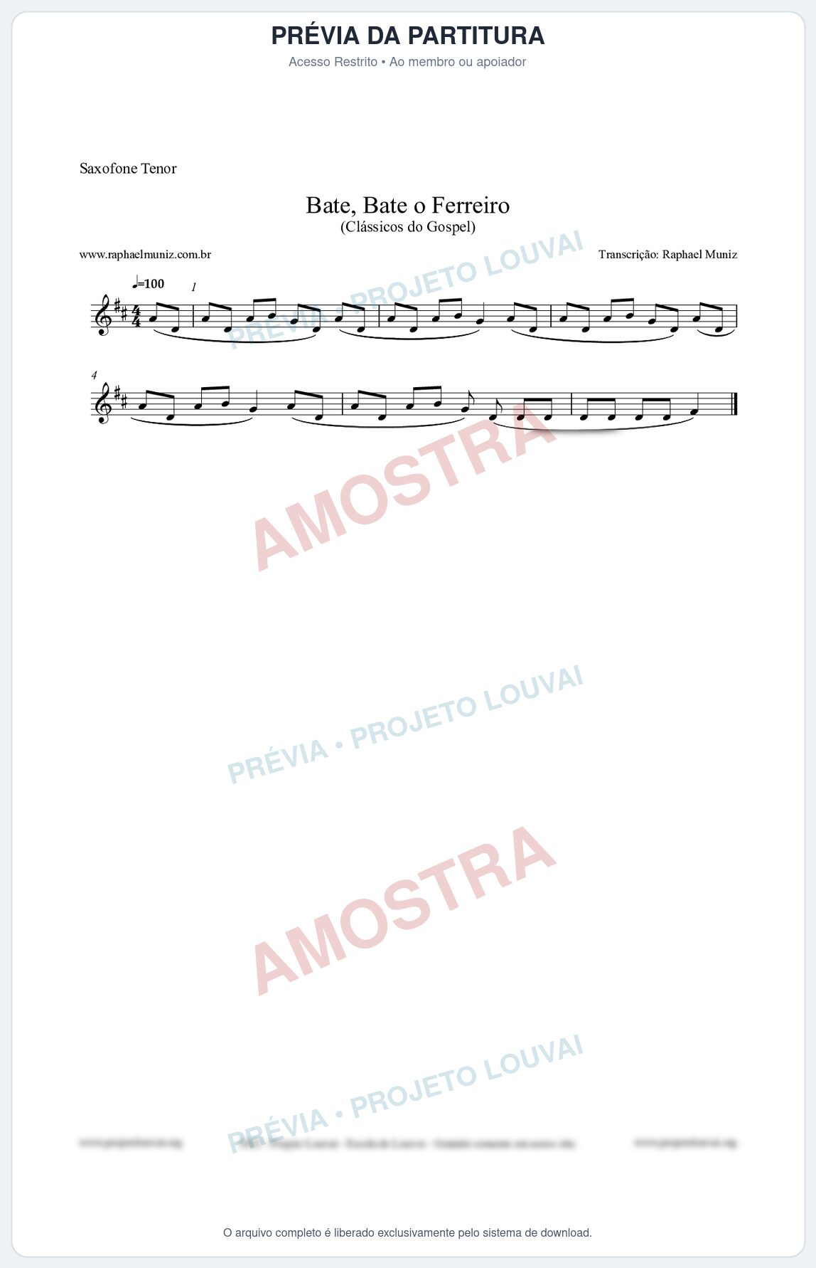 Prévia protegida da primeira página da partitura Partitura para Saxofone Tenor - Bate, Bate o Ferreiro - Folclore Brasileiro