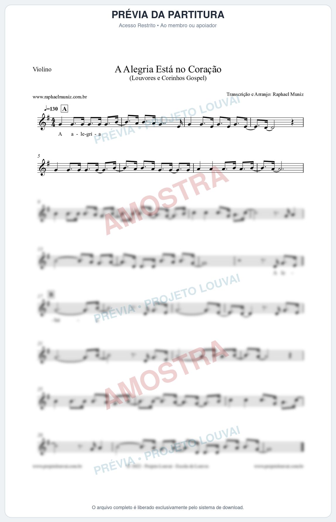 Prévia protegida da primeira página da partitura Partitura para Violino - A Alegria Está no Coração (Versão 2) - Louvores e Corinhos Gospel