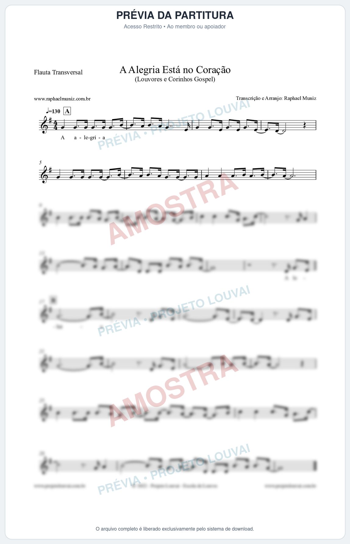 Prévia protegida da primeira página da partitura Partitura para Flauta Transversal - A Alegria Está no Coração (Versão 2) - Louvores e Corinhos Gospel