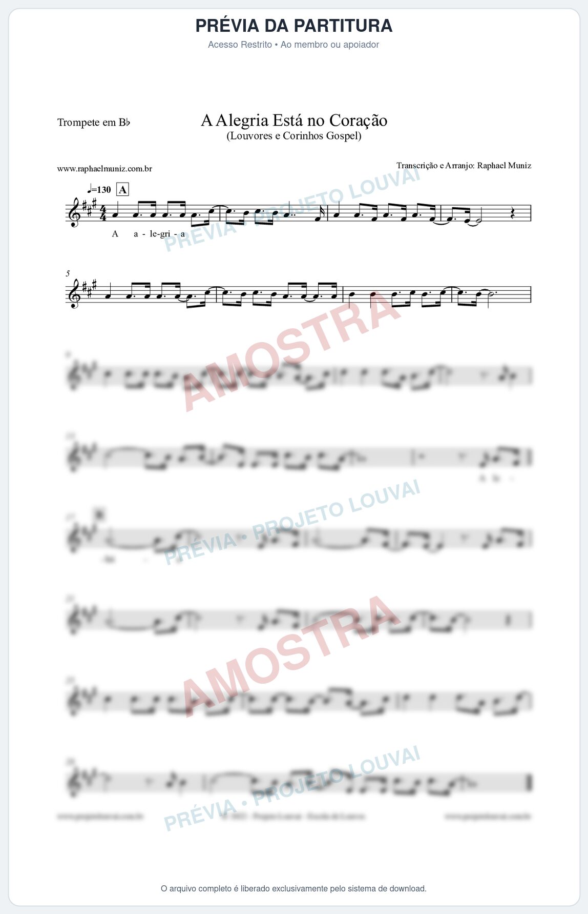 Prévia protegida da primeira página da partitura Partitura para Trompete em Bb - A Alegria Está no Coração (Versão 2) - Louvores e Corinhos Gospel