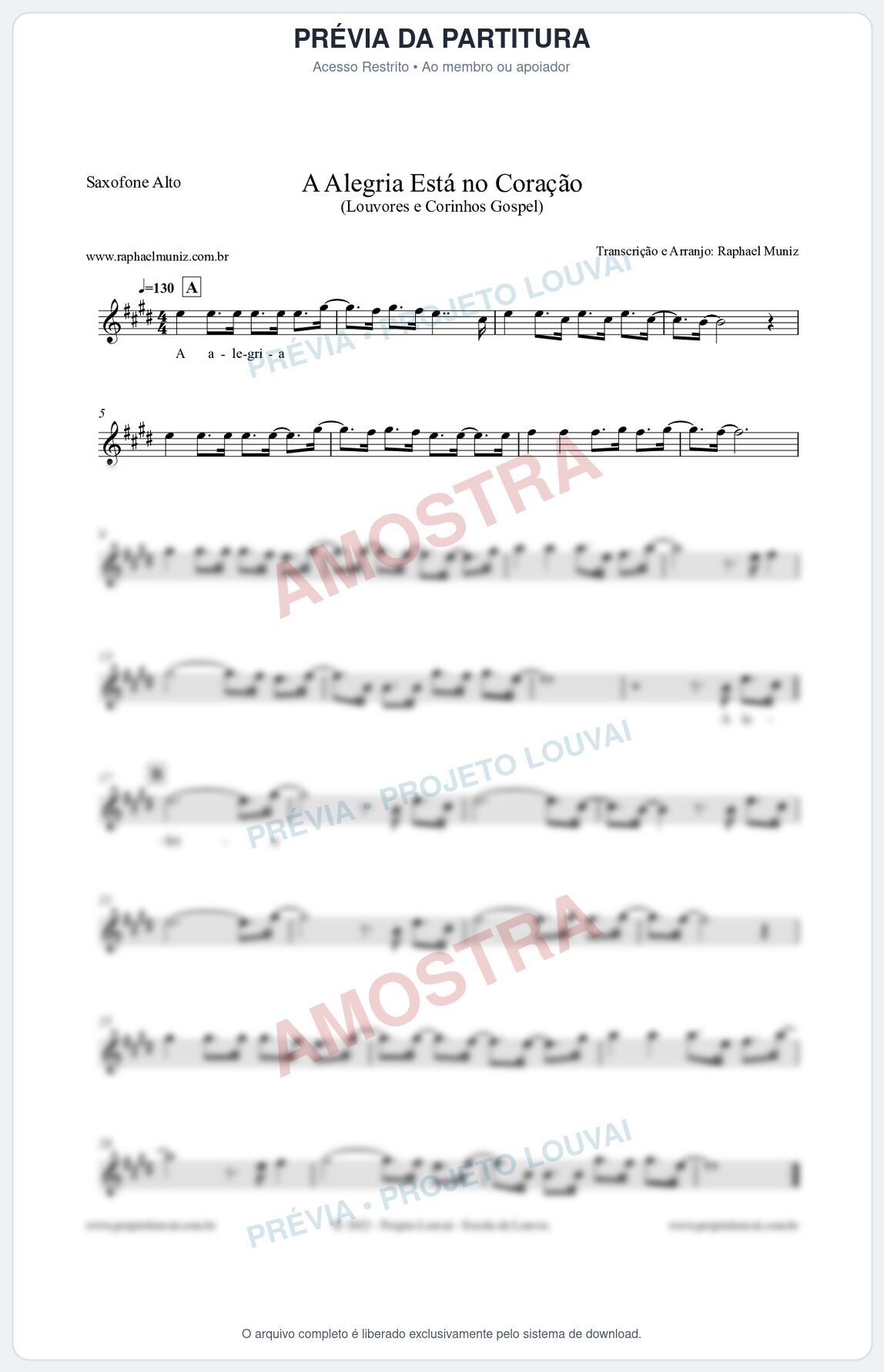 Prévia protegida da primeira página da partitura Partitura para Saxofone Alto - A Alegria Está no Coração (Versão 2) - Louvores e Corinhos Gospel