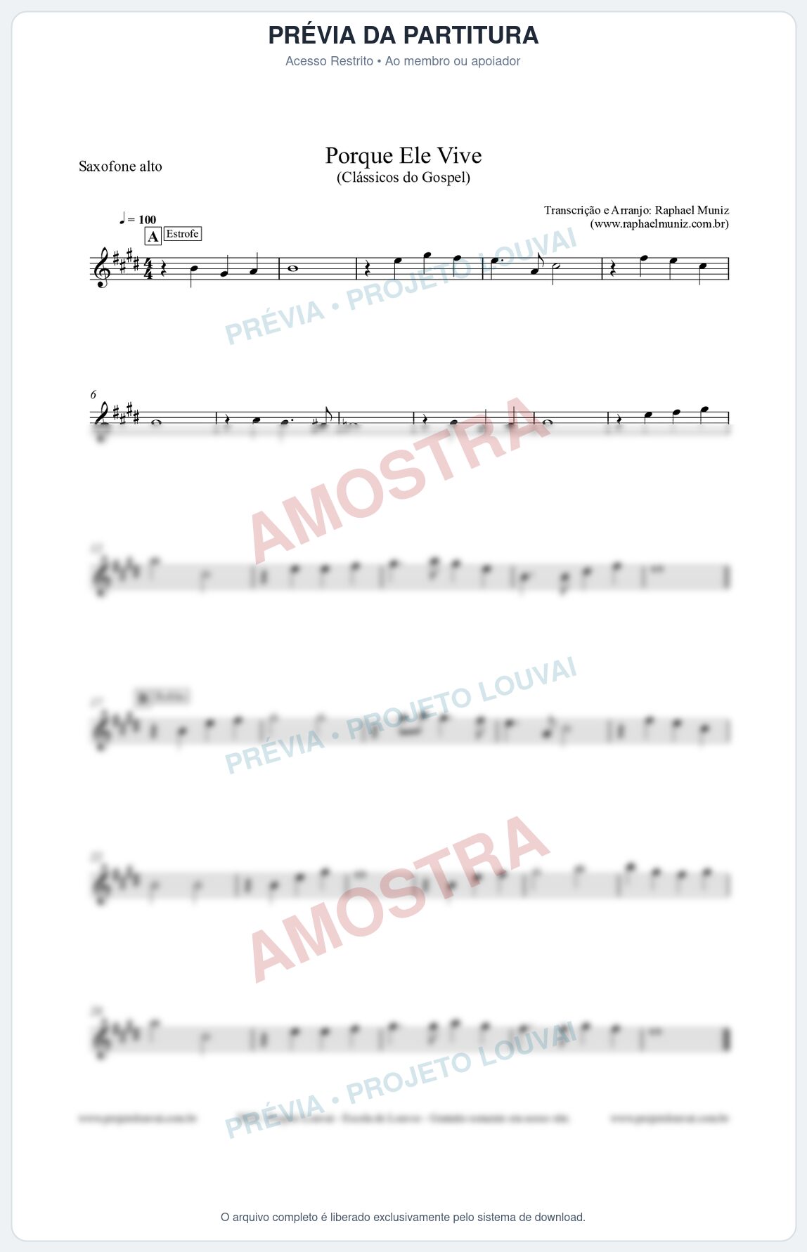 Prévia protegida da primeira página da partitura Partitura para Saxofone Alto - Porque Ele Vive - Harpa Cristã nº 545 - Clássicos do Gospel