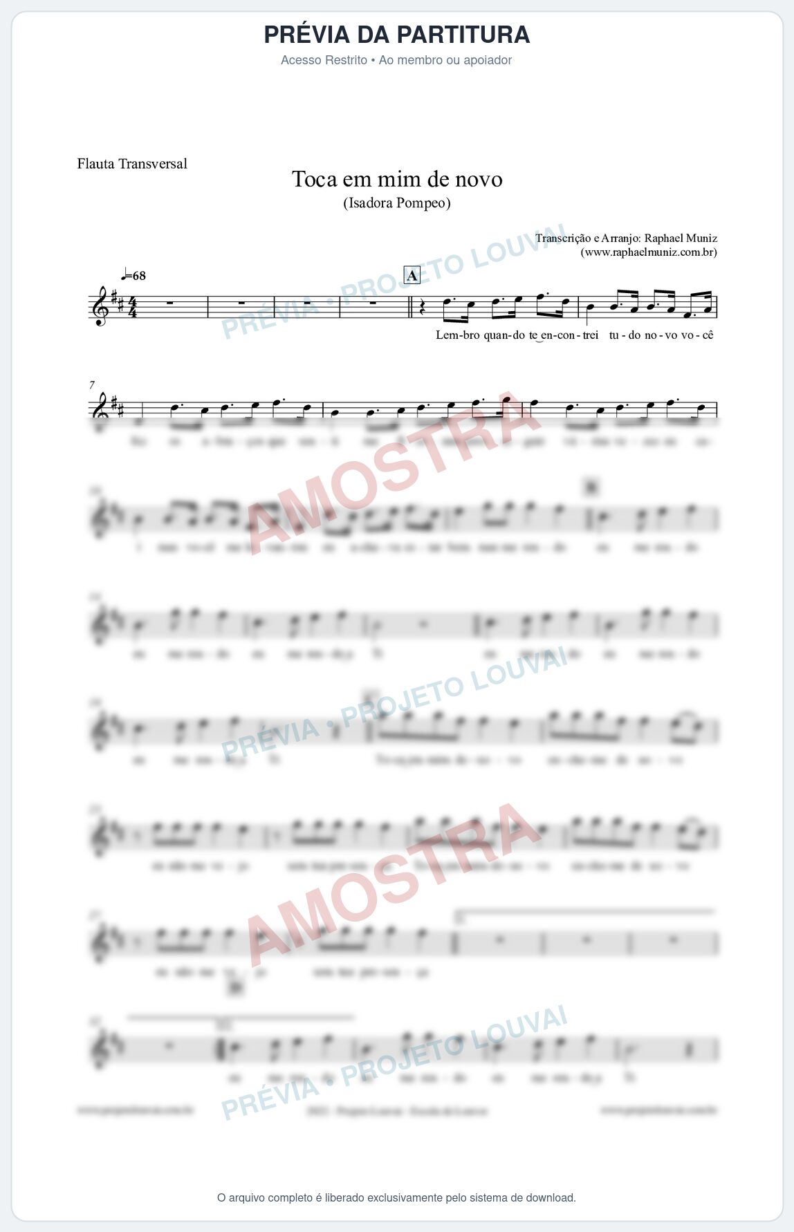 Prévia protegida da primeira página da partitura Partitura para Flauta Transversal - Toca em mim de novo - Isadora Pompeo