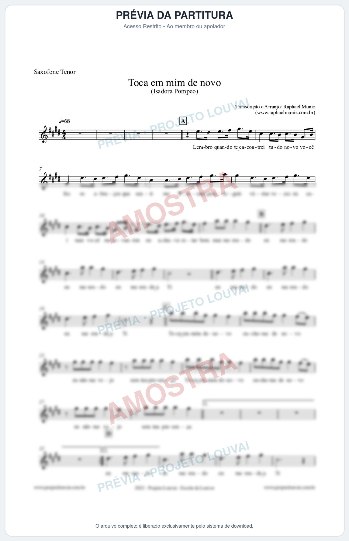 Prévia protegida da primeira página da partitura Partitura para Saxofone Tenor - Toca em mim de novo - Isadora Pompeo