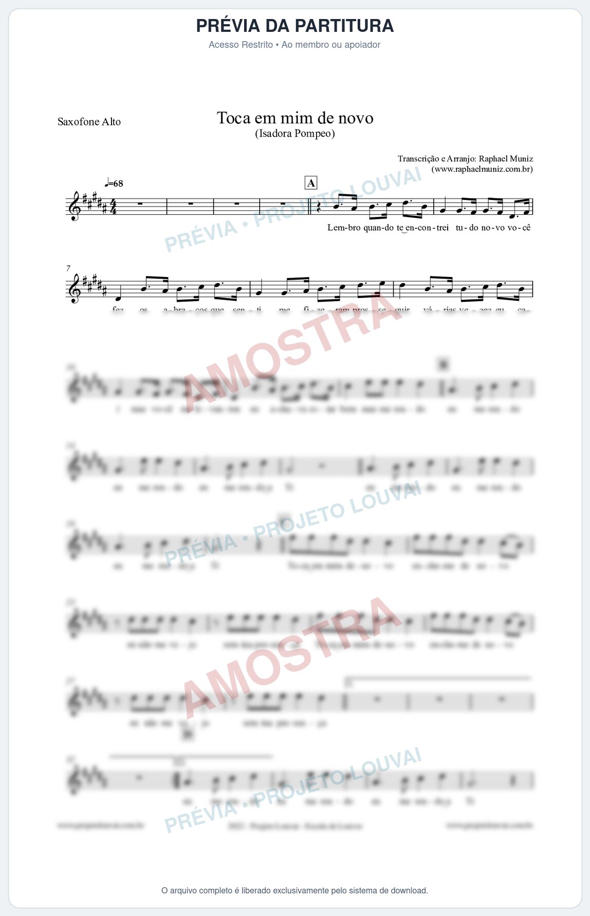 Prévia protegida da primeira página da partitura Partitura para Saxofone Alto - Toca em mim de novo - Isadora Pompeo