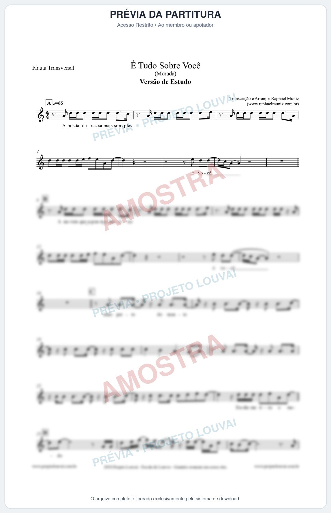 Prévia protegida da primeira página da partitura Partitura para Flauta Transversal - É Tudo Sobre Você (Versão de Estudo) - Morada