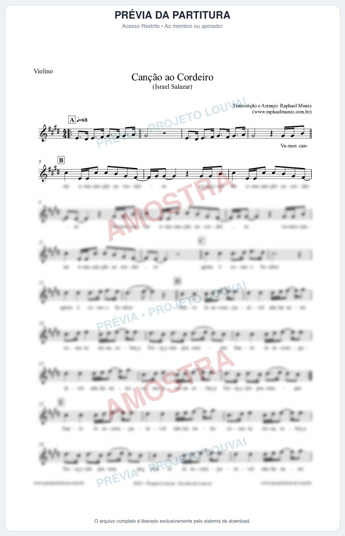 Prévia protegida da primeira página da partitura Partitura para Violino - Canção ao Cordeiro - Israel Salazar