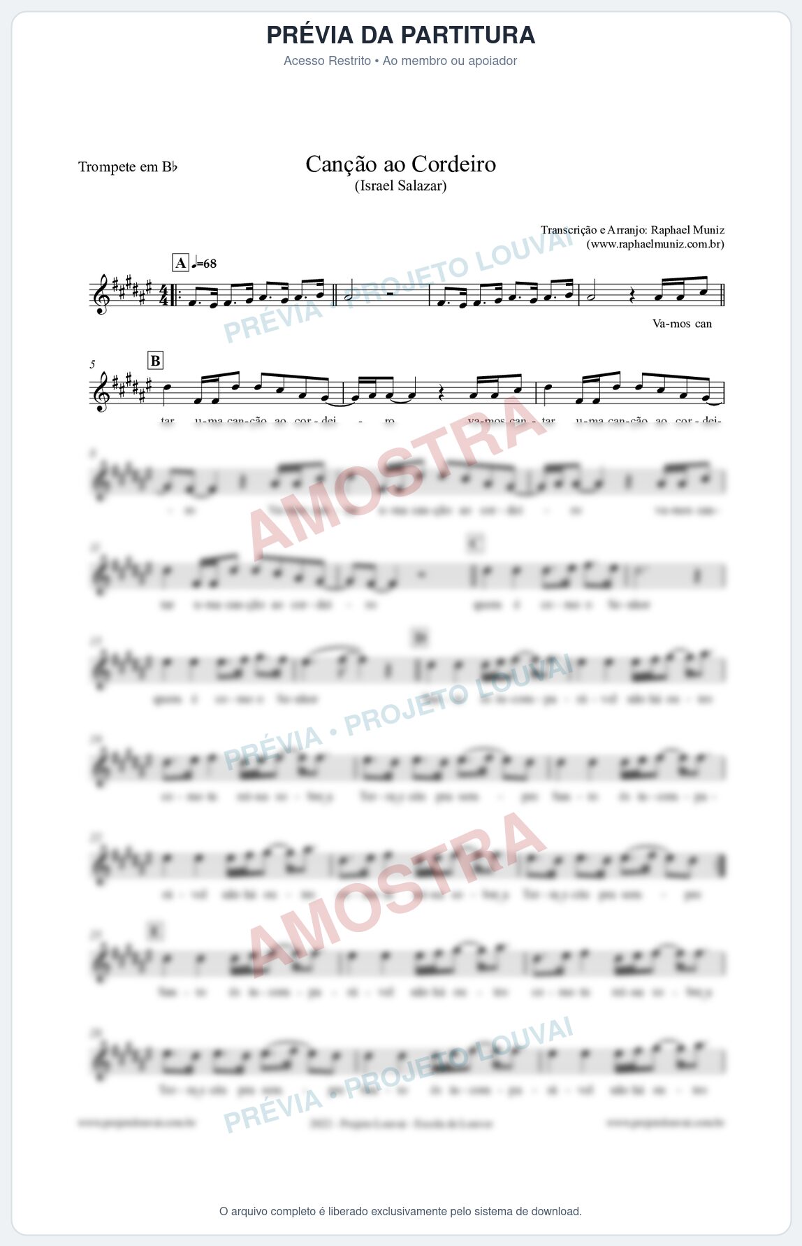 Prévia protegida da primeira página da partitura Partitura para Trompete em Bb - Canção ao Cordeiro - Israel Salazar