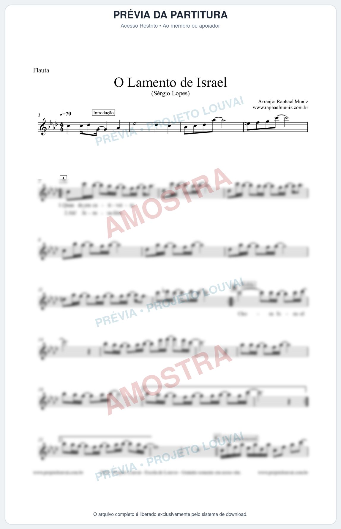 Prévia protegida da primeira página da partitura Partitura para Flauta Transversal - O Lamento de Israel - Sérgio Lopes