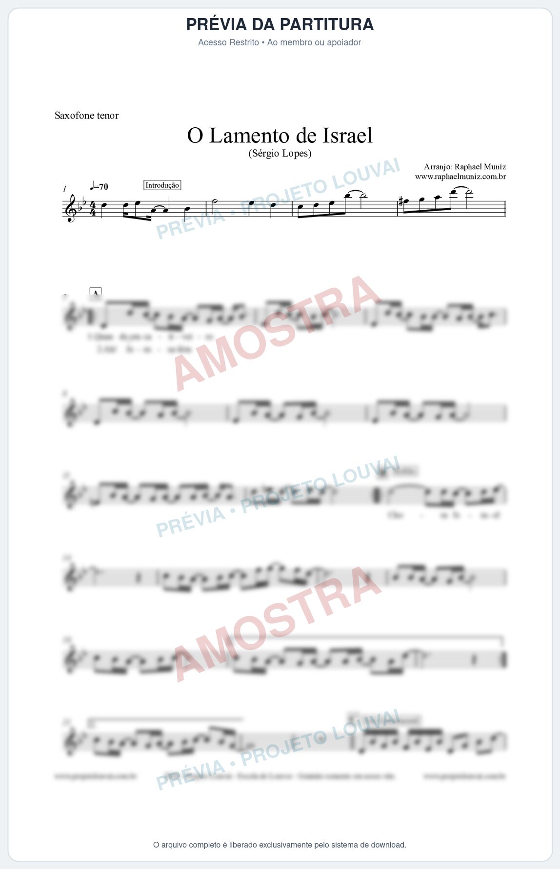 Prévia protegida da primeira página da partitura Partitura para Saxofone Tenor - O Lamento de Israel - Sérgio Lopes