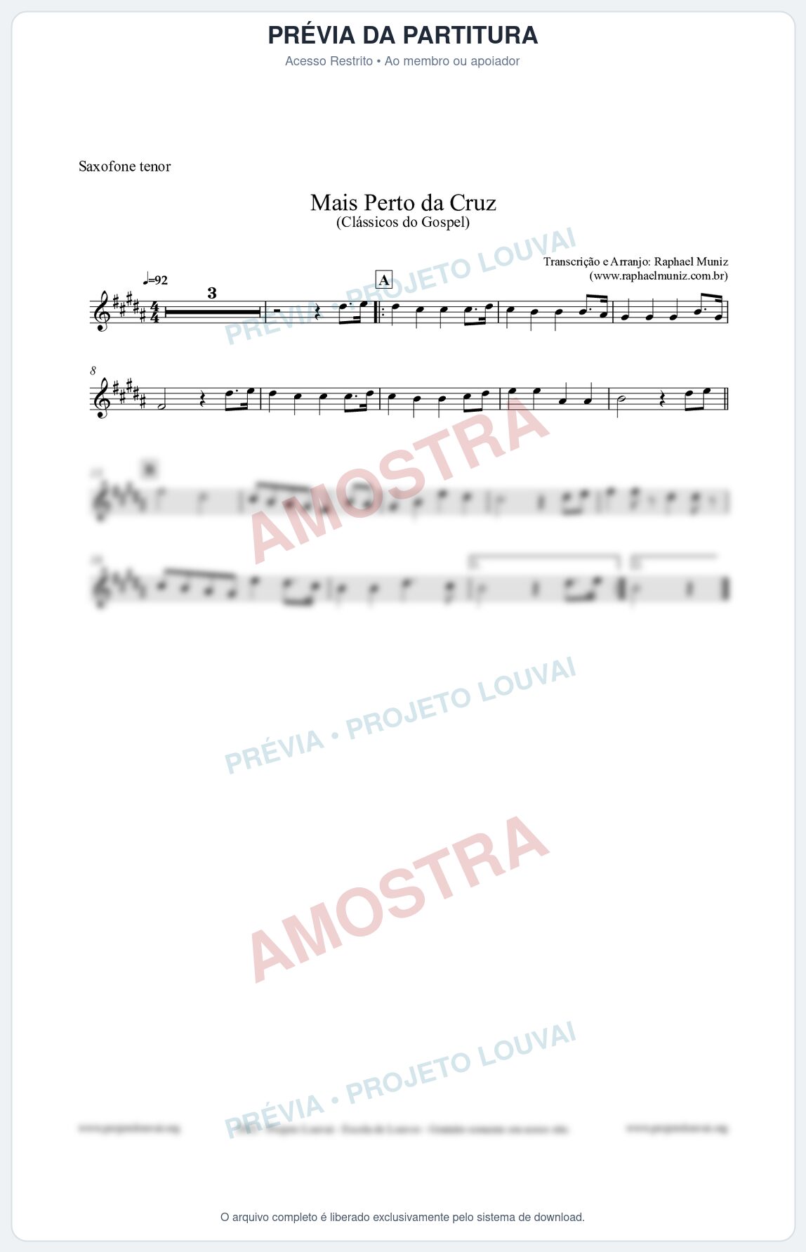 Prévia protegida da primeira página da partitura Partitura para Saxofone Tenor - Mais Perto da Cruz - Harpa Cristã nº55 - Clássicos do Gospel