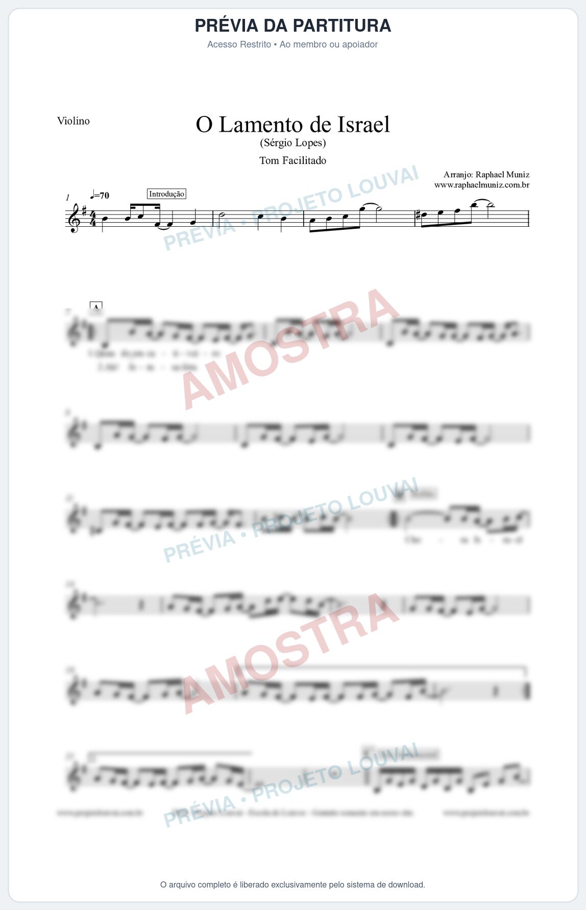 Prévia protegida da primeira página da partitura Partitura para Violino (Tom Facilitado) - O Lamento de Israel - Sérgio Lopes