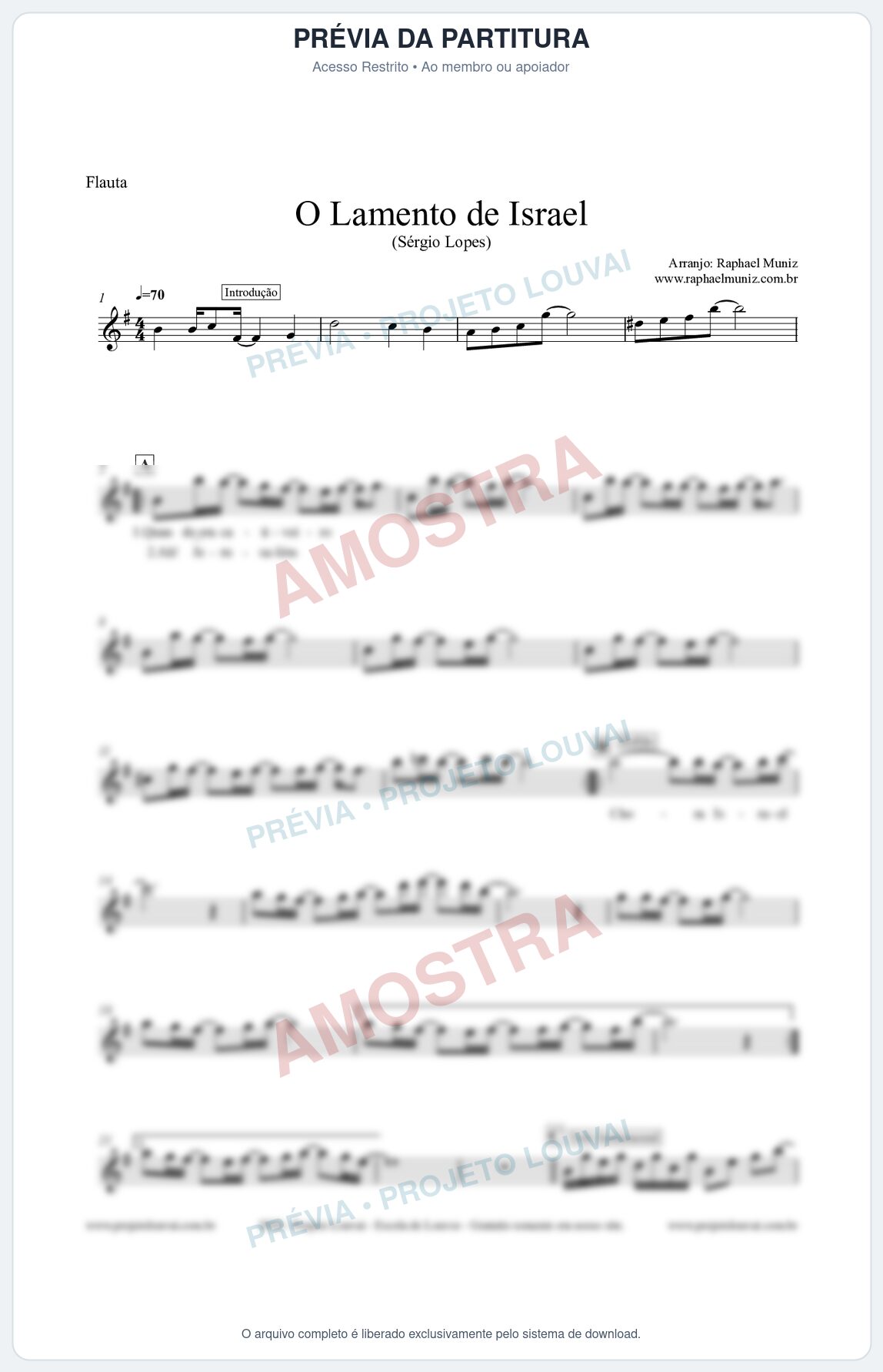 Prévia protegida da primeira página da partitura Partitura para Flauta Transversal (Tom Facilitado) - O Lamento de Israel - Sérgio Lopes