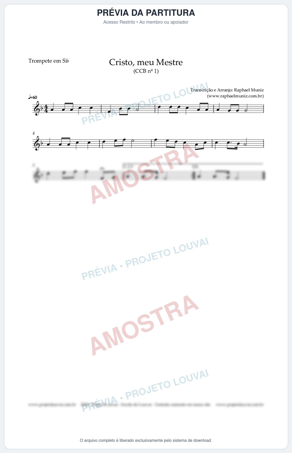 Prévia protegida da primeira página da partitura Partitura para Trompete em Bb - Cristo, meu Mestre - Hinário CCB nº 1 - Clássicos do Gospel