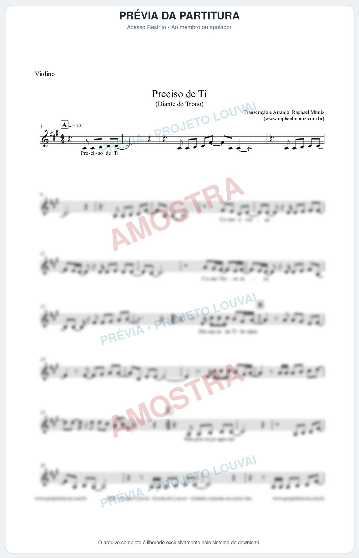 Prévia protegida da primeira página da partitura Partitura para Violino - Preciso de Ti - Diante do Trono