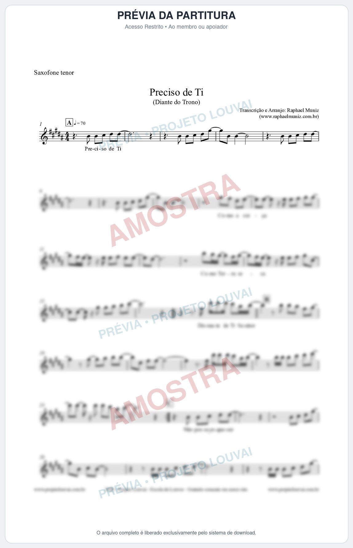 Prévia protegida da primeira página da partitura Partitura para Saxofone Tenor - Preciso de Ti - Diante do Trono
