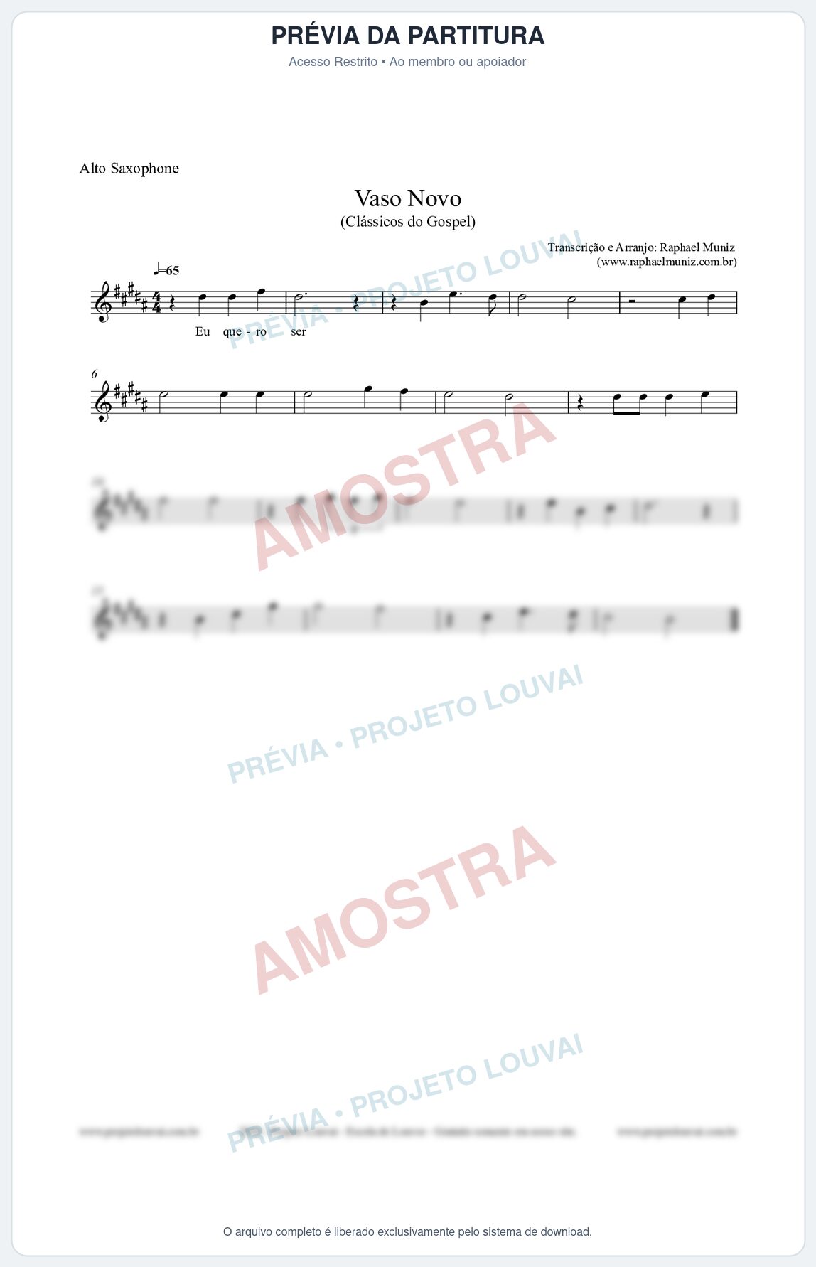 Prévia protegida da primeira página da partitura Partitura para Saxofone Alto - Vaso Novo - Clássicos do Gospel