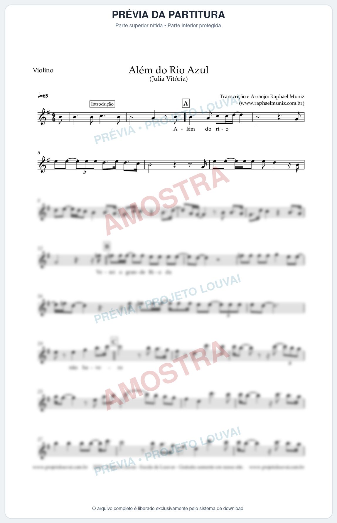 Prévia protegida da primeira página da partitura Partitura para Violino - Além do Rio Azul - Julia Vitoria