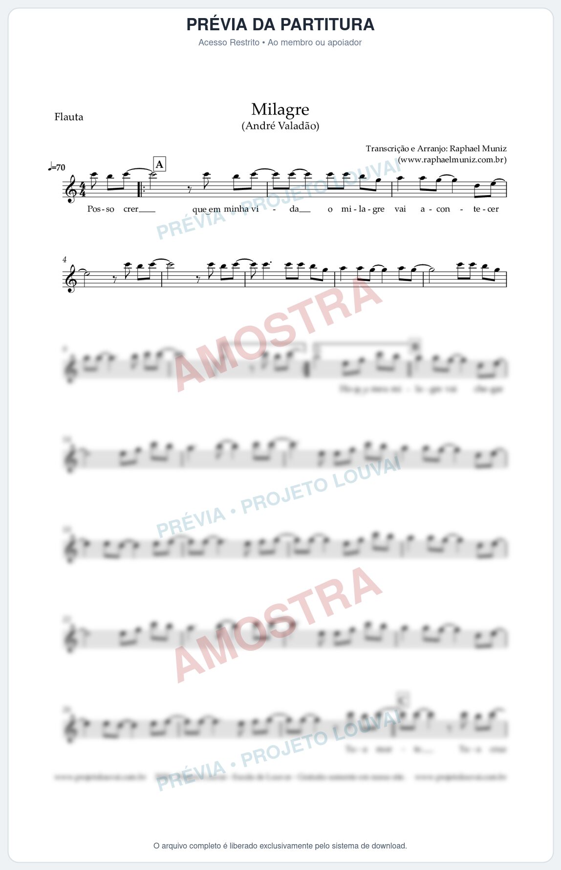 Prévia protegida da primeira página da partitura Partitura para Flauta Transversal - Milagre - André Valadão