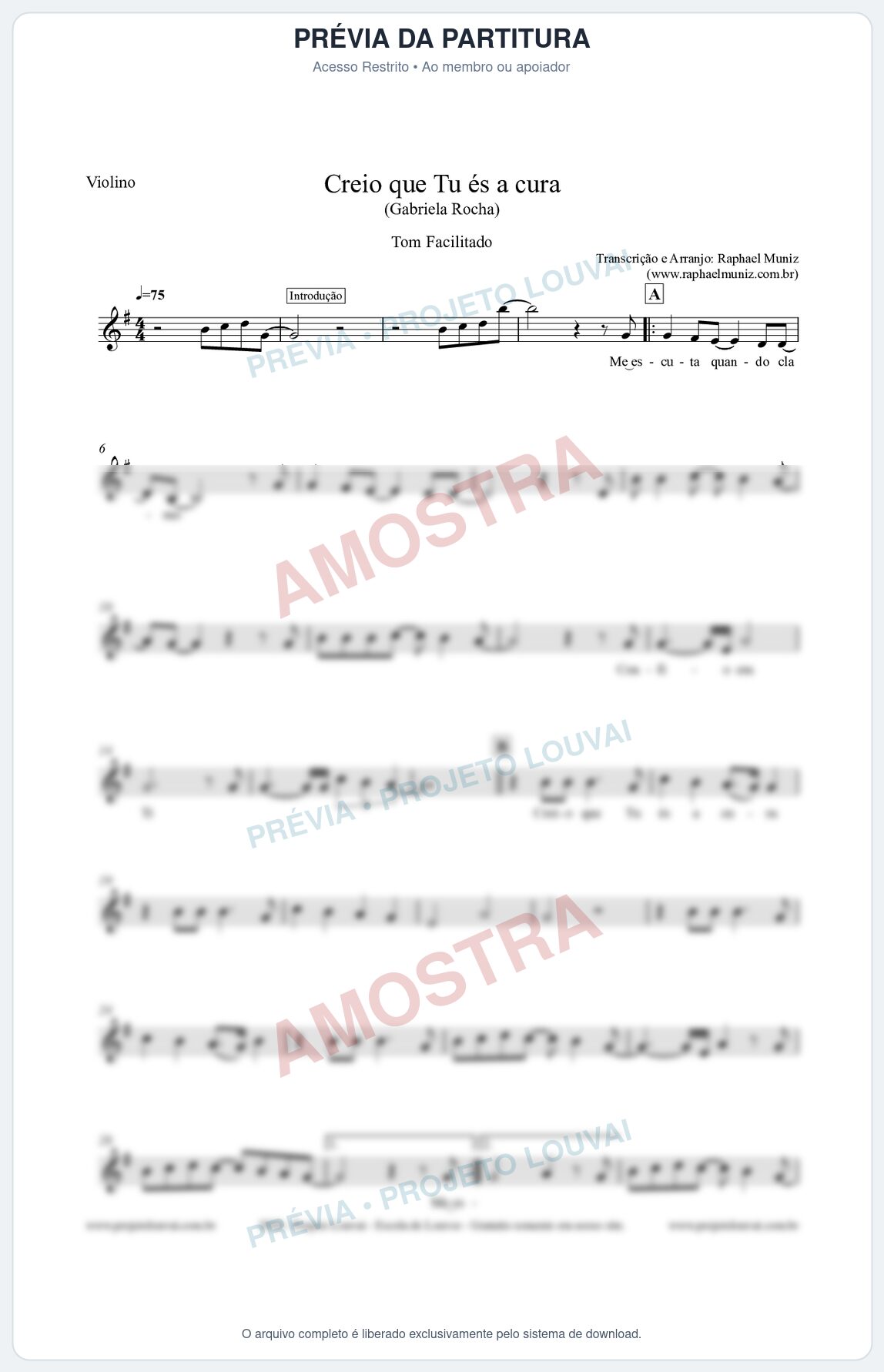 Prévia protegida da primeira página da partitura Partitura para Violino - Creio que Tu És a Cura (Tom Facilitado) - Gabriela Rocha