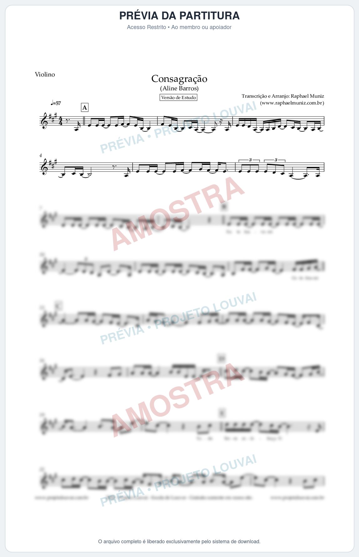 Prévia protegida da primeira página da partitura Partitura para Violino - Consagração (Versão de Estudo) (Tom A) - Aline Barros