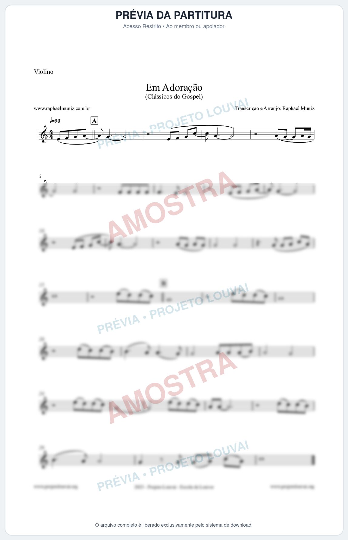 Prévia protegida da primeira página da partitura Partitura para Violino - Em Adoração - Louvores e Corinhos Gospel