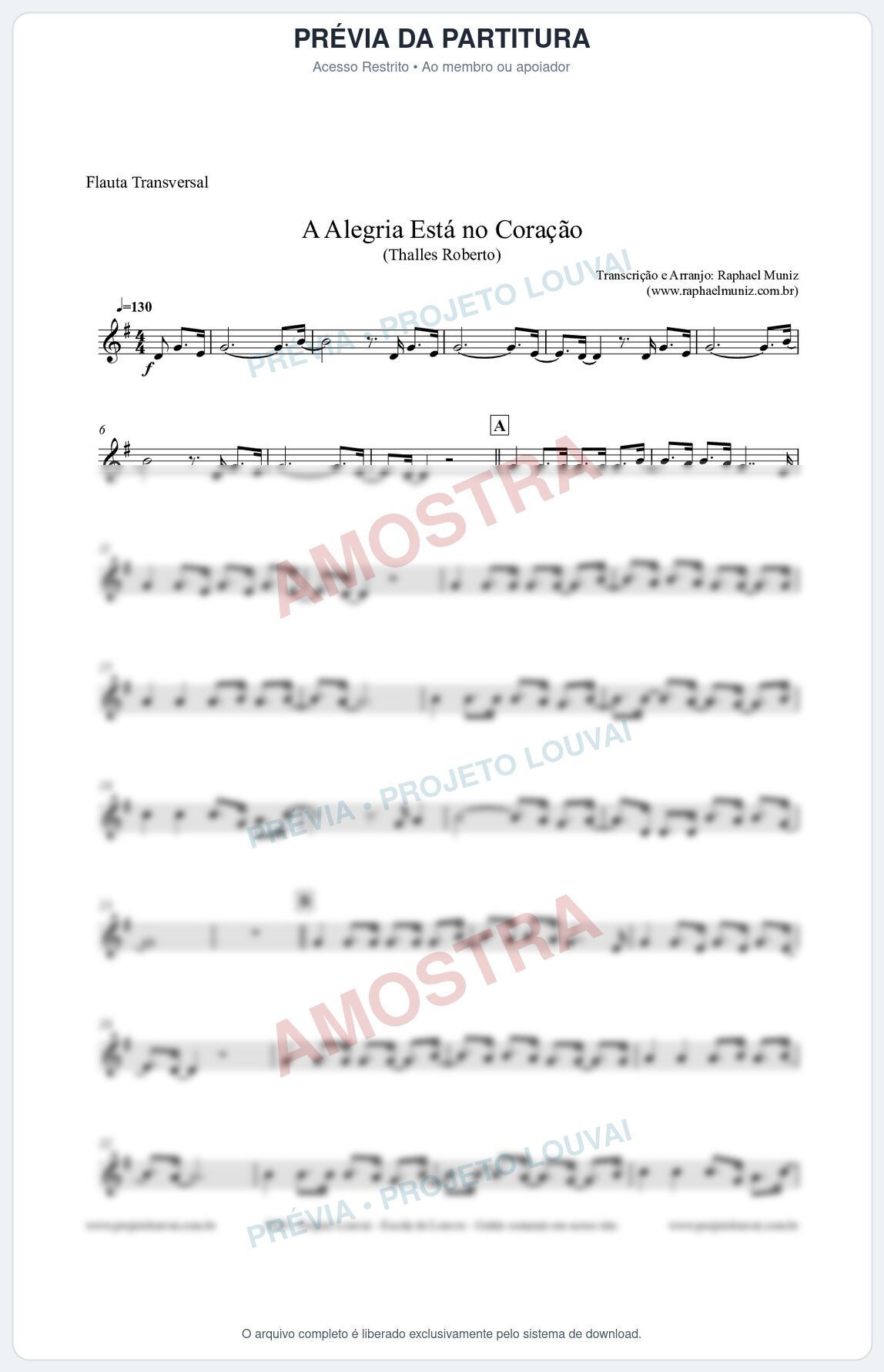 Prévia protegida da primeira página da partitura Partitura para Flauta Transversal - A Alegria Está no Coração (Tom G) - Thalles Roberto