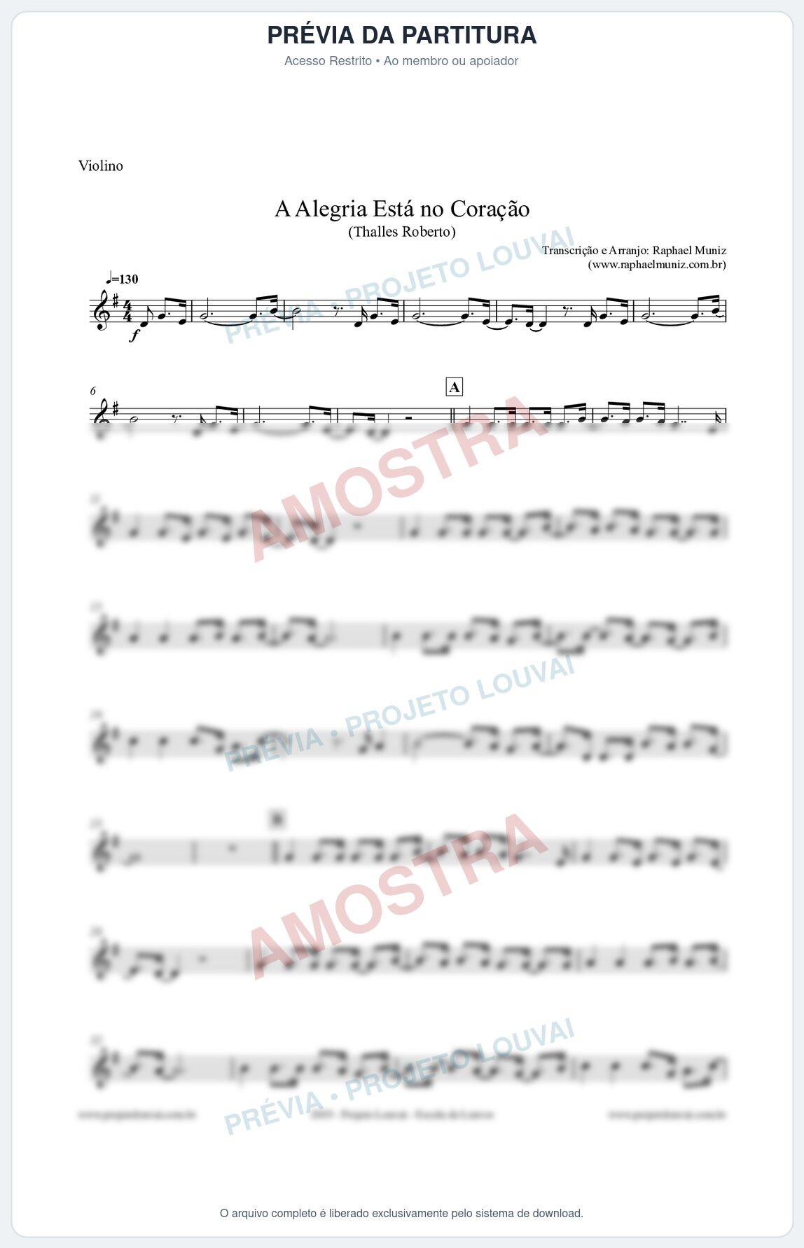 Prévia protegida da primeira página da partitura Partitura para Violino - A Alegria Está no Coração (Tom G) - Thalles Roberto