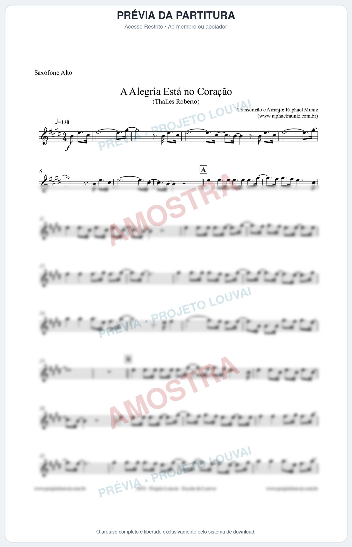 Prévia protegida da primeira página da partitura Partitura para Saxofone Alto - A Alegria Está no Coração (Tom G) - Thalles Roberto