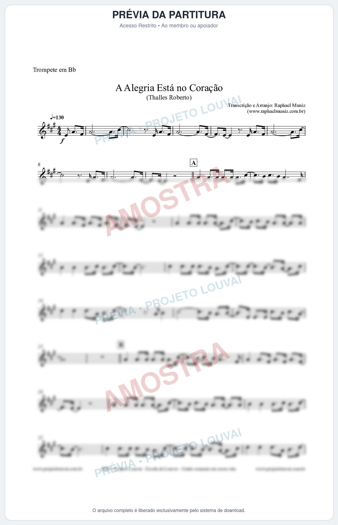 Prévia protegida da primeira página da partitura Partitura para Trompete em Bb - A Alegria Está no Coração (Tom G) - Thalles Roberto