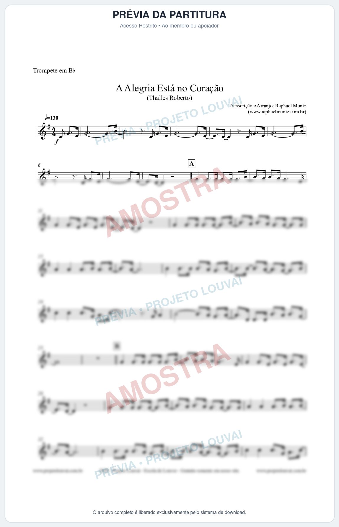 Prévia protegida da primeira página da partitura Partitura para Trompete em Bb - A Alegria Está no Coração (Tom F) - Thalles Roberto