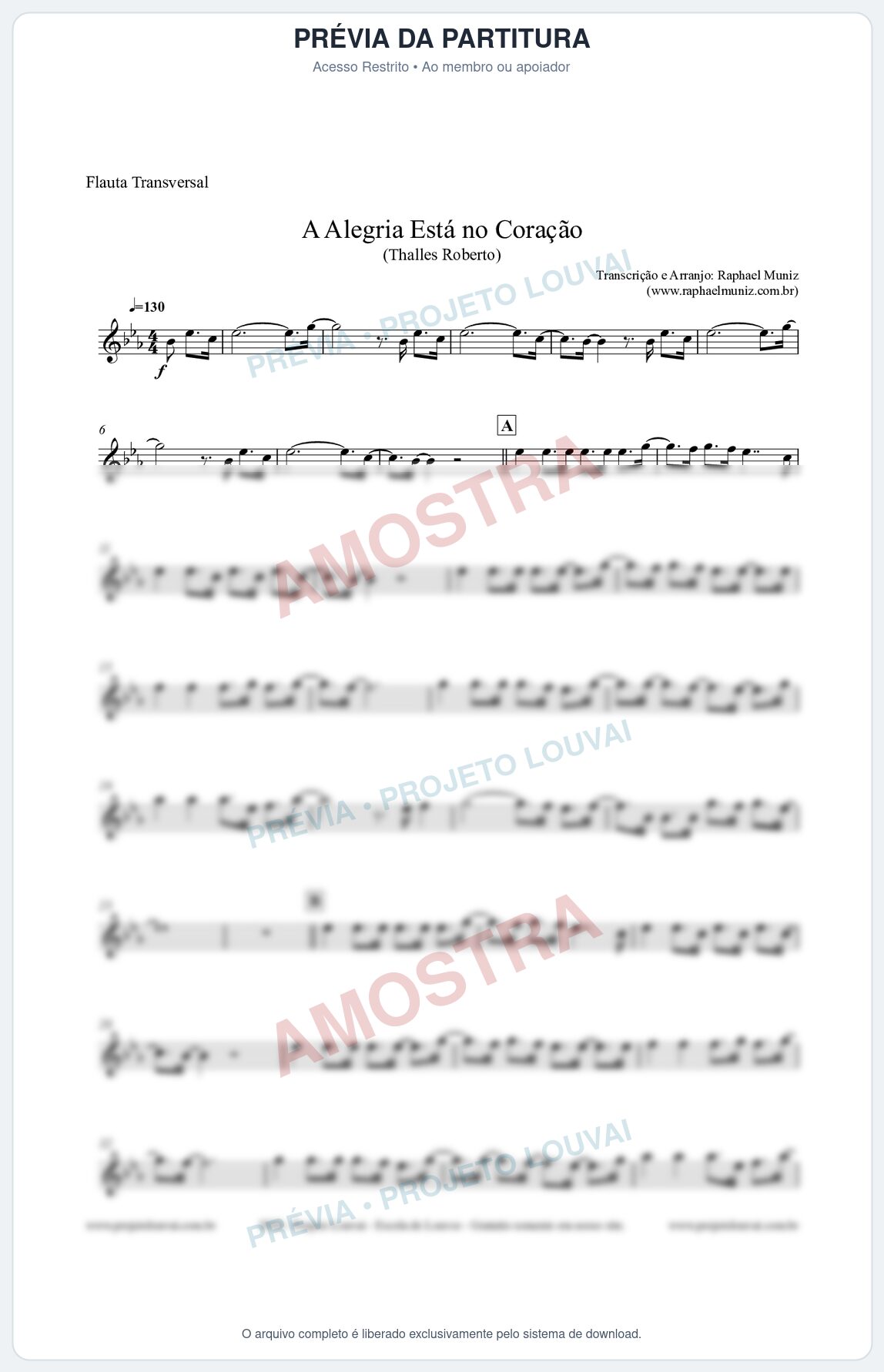 Prévia protegida da primeira página da partitura Partitura para Flauta Transversal - A Alegria Está no Coração (Tom Eb) - Thalles Roberto