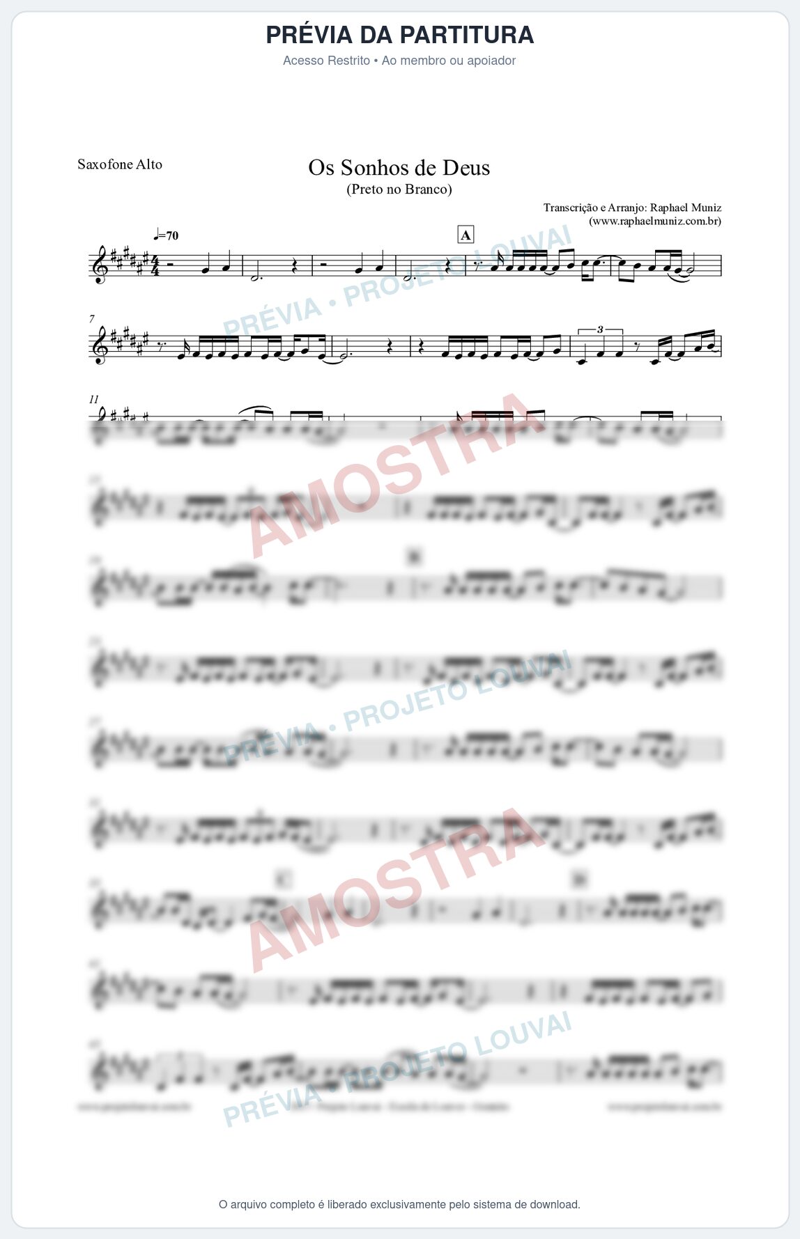 Prévia protegida da primeira página da partitura Partitura para Sax Alto - Os Sonhos de Deus - Preto no Branco